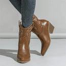 Embroidery Pointed Toe Ankle Boots Women Punk Square Heels Short Western Booties Shoes