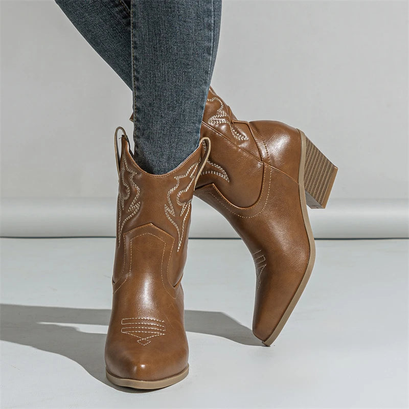 Embroidery Pointed Toe Ankle Boots Women Punk Square Heels Short Western Booties Shoes