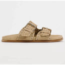 Beige sandal with double buckle design on a white background, Obroi