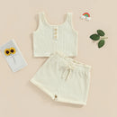 Summer Kids Girl Outfits Buttons Sleeveless Rib Knit Tops Elastic Waist Shorts Clothes Set