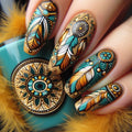 Nails with intricate feather and mandala design on a turquoise background with feathers, Obroi