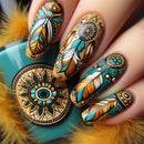 Nails with intricate feather and mandala design on a turquoise background with feathers, Obroi