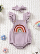 Baby Girls Rainbow Embroidered Romper with Ruffle Straps & Headband Summer Outfit