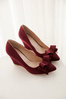 Casual Wedge Shoes For Women Wedge Pumps Pointed Toe Flock Sweet Bow Office Wedding Shoes Spring Autumn