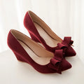 Casual Wedge Shoes For Women Wedge Pumps Pointed Toe Flock Sweet Bow Office Wedding Shoes Spring Autumn
