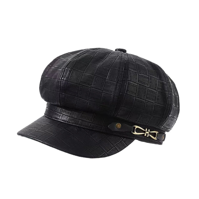 Plaid Microfiber Leather Newsboy Cap Autumn Winter Windproof Navy Cap Women Octagonal Hat