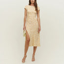 Dresses For Women Front Gathered Button Elegant Office Dress Round Neck Cap Sleeve Vintage Midi Dress With Slit