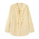 Women Lace Up Ruffled Pleated Pullover Blouse V-Neck Female Chic Lady Shirts