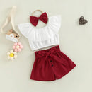 Baby Girls Outfits Sets Summer Fashion Solid Boat Neck Flounced Tops Shorts Headband