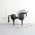 Black horse-shaped object with measurements on a white background, Obroi