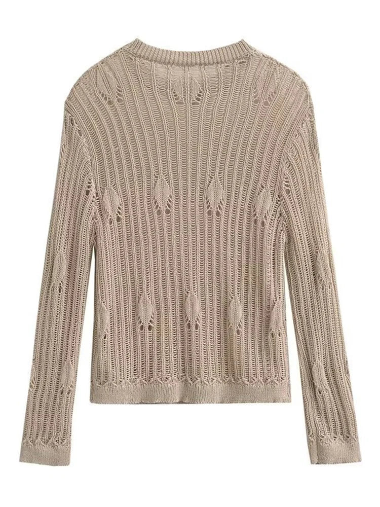 Autumn Winter Mesh Hollow Out Design Knit Pullover Women's Street Casual Sweater Tops