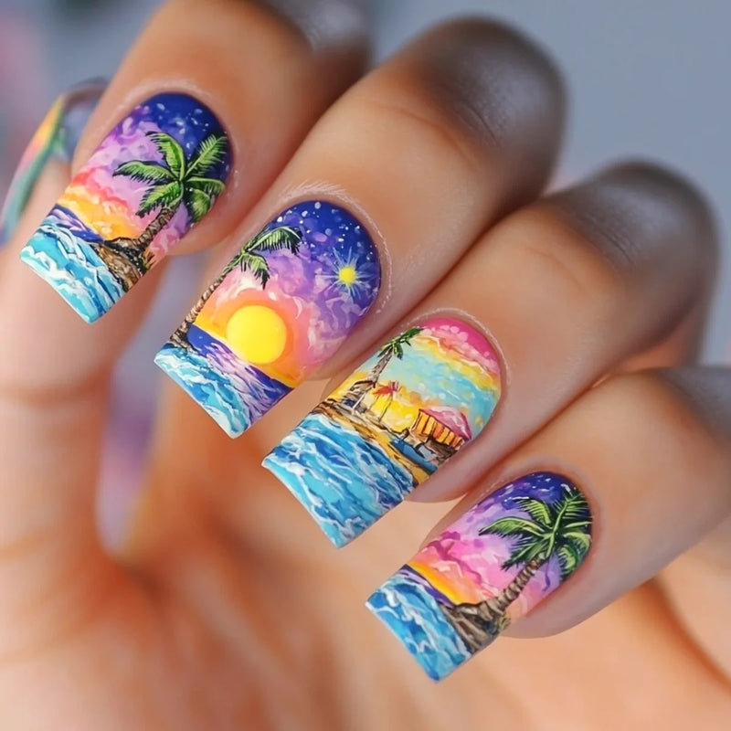 24pcs Fake Nails Press on Sets Summer Seaside Design Full Cover Nails Tips Datachable False Nail Art Finished