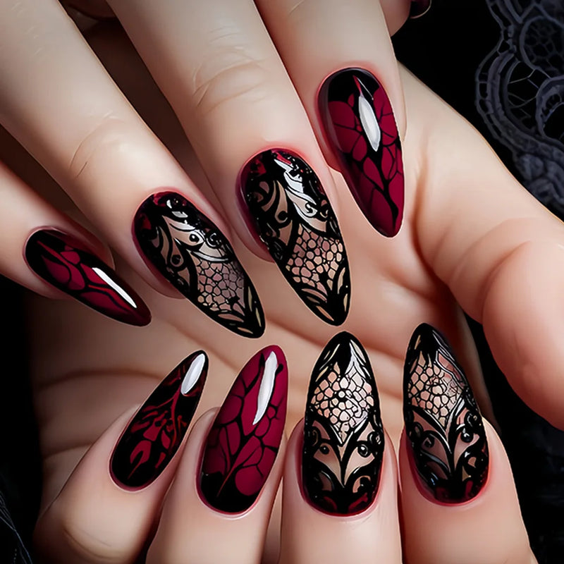 Autumn Winter Short Square Ballet Nails tips Red Black Gold Purple Floral Geometric Pattern Press-On False Nails art set