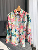 Women Floral Shirt Top Turn-Down Collar Single Breasted Lady Silk Cotton Blends Long Sleeve Blouse
