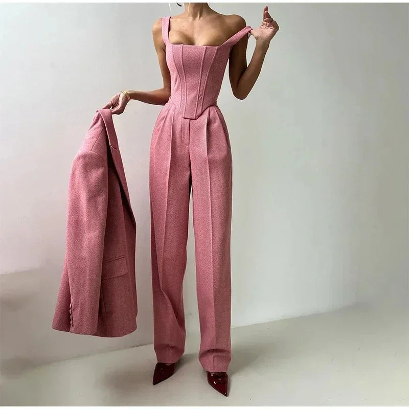 Top Blazer Pants Sets 3 Pieces For Women Solid Jacket Crop Tops High Waist Pocket Pant Lady Office Set