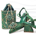 Green embellished shoes and handbag with decorative elements on a white background, Obroi