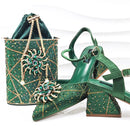 Green embellished shoes and handbag with decorative elements on a white background, Obroi