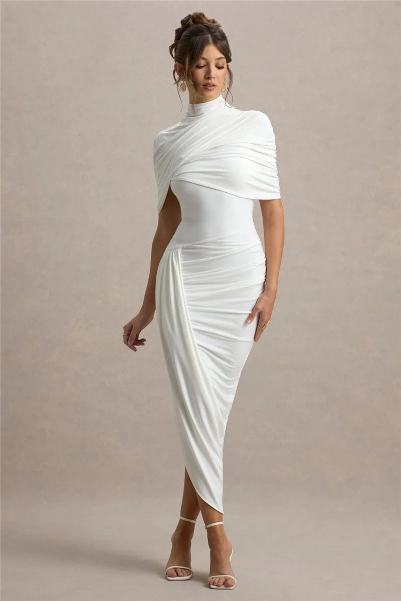 Backless Ruched Dress Women Summer Turtleneck Slim High Waist Evening Club Party Long Dress