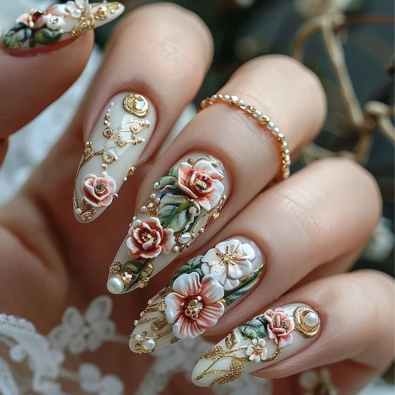 Almond Nails Set Press on Nails Golden Print Detachable Artificial Full Cover False Nails Tips