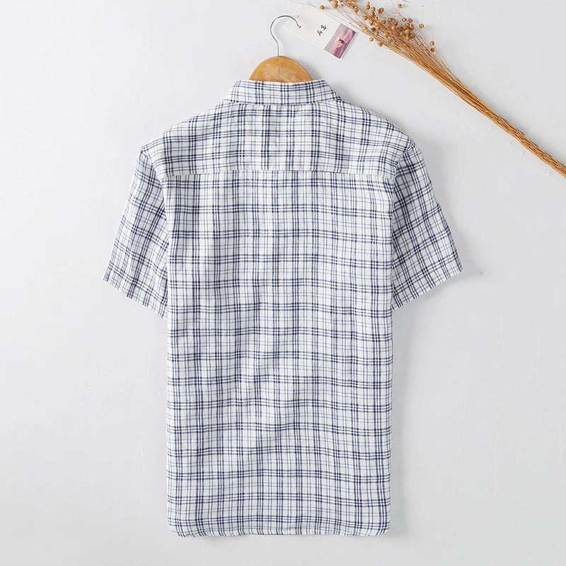 Summer Men's Linen Shirt Simple Plaid Short Sleeve Comfortable And Breathable Classic Shirt Tops