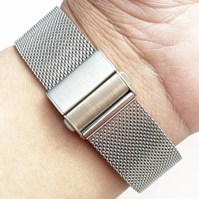 Mesh Loop Strap Stainless Steel Metal Quick Release Bracelet Double Press Butterfly Buckle Watch Band