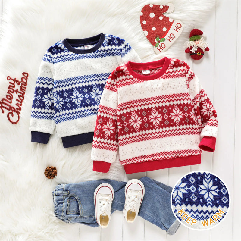 Toddler Boy/Girl Preppy style Christmas Snowflake Pattern Fleece Pullover Sweatshirt Soft and Comfortable