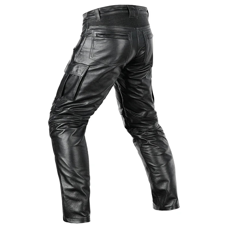 Men's Autumn Winter Punk Slim Casual Trousers Retro Leather Motorcycle Pants Windproof Warm