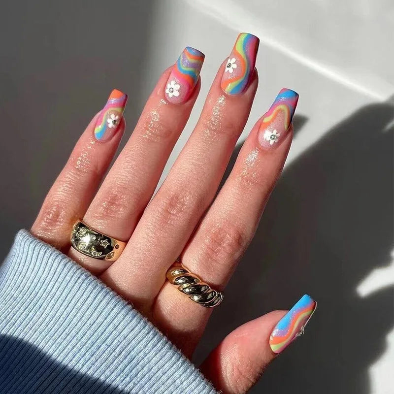 Waves Design Wearable Nail Art Glossy Fake Nails Short Ballet Finished False Nails Press on Nails with Glue