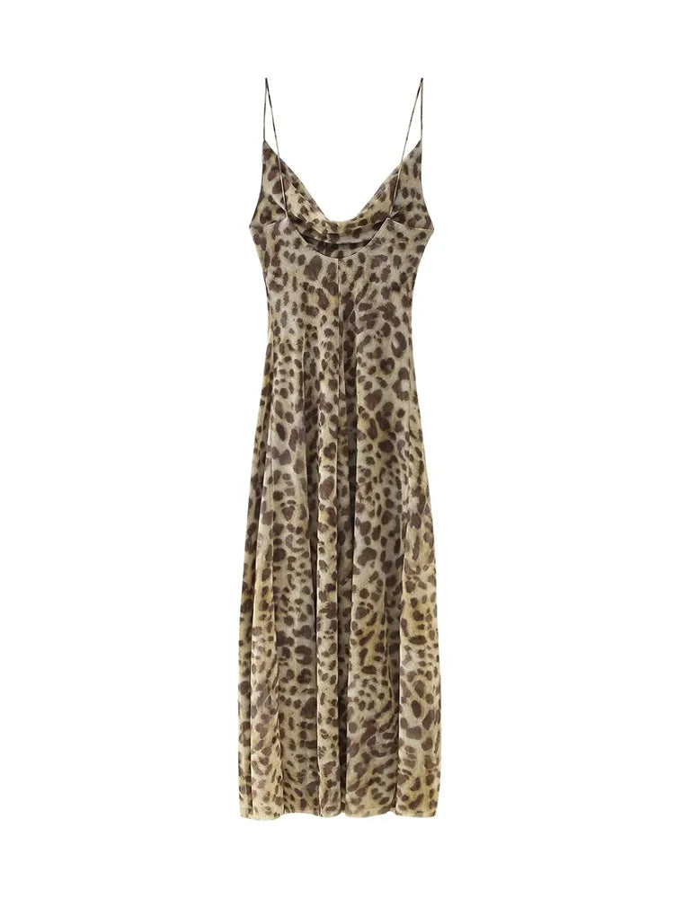 Women Leopard Spaghetti Strap Mesh Midi Dress Female Chic Summer Casual Sling
