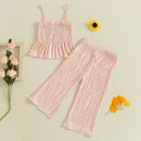 Toddler Baby Girl Summer Outfit Ruffled Trim Smocked Tops and Ripple Texture Pants 2 Pcs Set 0-4T