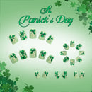 St. Patrick's Day themed nail art designs on a green background with shamrock decorations, Obroi