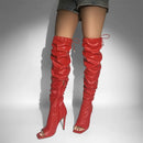 Women Peep Toe Black Matte Over The Knee Boots Concise Stiletto High Heel Zipper Boots