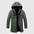 Green quilted jacket with a hood on a light gray background, Obroi