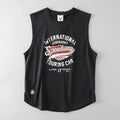 Black sleeveless shirt with racing-themed graphic on a gray background, Obroi