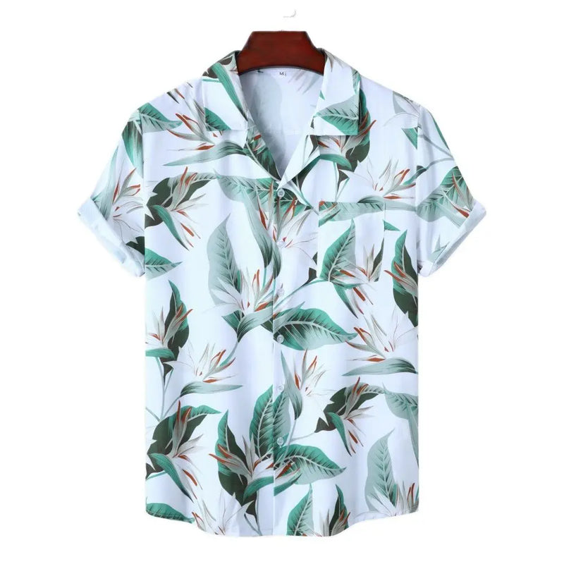 Green Leaves Hawaiian Shirts for Men Summer Short Sleeves Cuban Collar Shirt Loose Casual Beach Tops