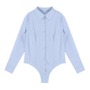 Women Bodysuit for Office Lady Turn-down Collar Long Sleeve Button Down Easy Care Work Bodysuit Shirt for Evening Cocktail Party
