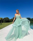 Light Green Strapless Prom Dress Tulle Wedding Dresses Elegant