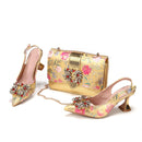 Gold Color Design Italian Women Shoes and Bag Set Quality Flower Comfortable Heels with Crystal