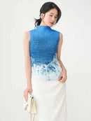 Women's Half-neck Gradient Pleated Tops Sleeveless Slim-fit  Female Summer