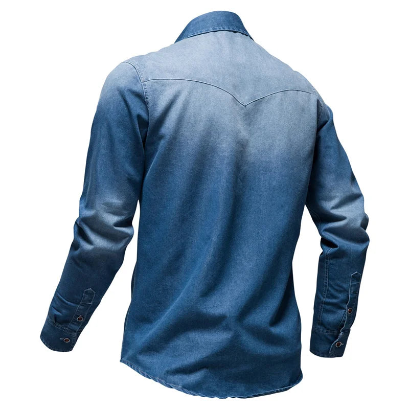 Spring Autumn Denim Shirt Men Casual Long Sleeve shirt Slim Fit Personality Pocket Blue Shirt