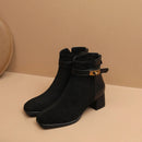 Women's Suede Ankle Boots Back Zip Closure Boot Female Belts Decoration Square Toe Medium Heels