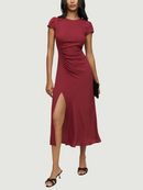 Dresses For Women Front Gathered Button Elegant Office Dress Round Neck Cap Sleeve Vintage Midi Dress With Slit