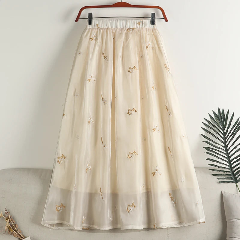 Spring Flower Embroidery Fresh Chiffon Skirts Breathable Mid-Length Summer Female Skirts