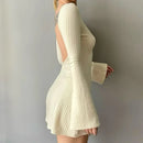 Solid Knitted Pleated Dresses Casual Flared Backless Mini Dress O Neck Basic Chic Elegant