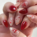 Almond Full Cover False Nails with Flower Design Press on Nails Red Smudge Wearable Fake Nail Tip