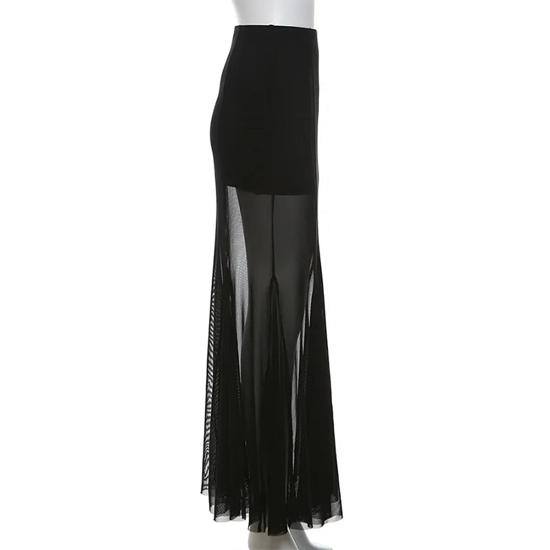 Mesh Long Skirts Women Transparent Patchwork Wrap Skirts Coquette Slim Fit Skirt