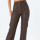 Women Leather Slim Pencil Pants Ladies Chic Elastic Splicing Straight Trousers With Pocket