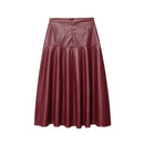 Women Autumn Winter Maroon A-line Midi Faux Leather Skirt