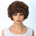 Mannequin head with a brown curly wig on a white background, Obroi