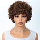 Mannequin head with a brown curly wig on a white background, Obroi